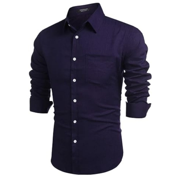 Men's Casual Button Down Shirt Long Sleeve Linen Chambray Navy Blue - Picture 2 of 5